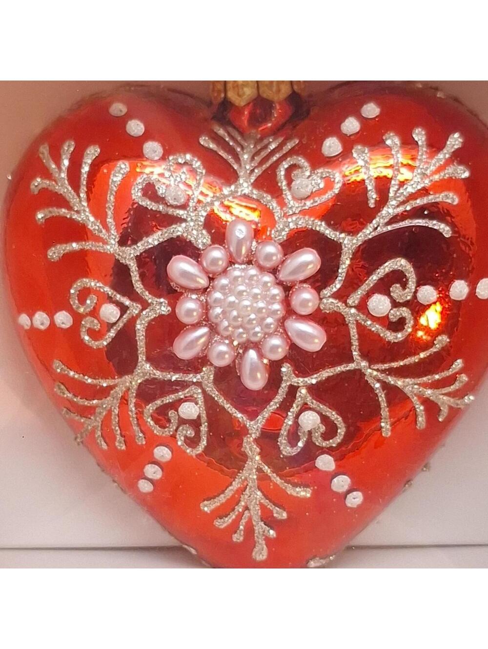 Dagmara Glass Christmas Ornament Red Heart Handmade in Poland Mouth Blown